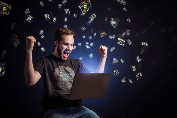 GOOD111 গেমস — আবিষ্কার করুন আধুনিক স্লট ও টেবিল অ্যাডভেঞ্চার একজন পুরুষ তার ল্যাপটপে জয়ের মুহূর্ত উদযাপন করছেন, চারপাশে ভাসছে গেমিং আইকন—যা GOOD111 গেমসের উত্তেজনাকে প্রকাশ করে।